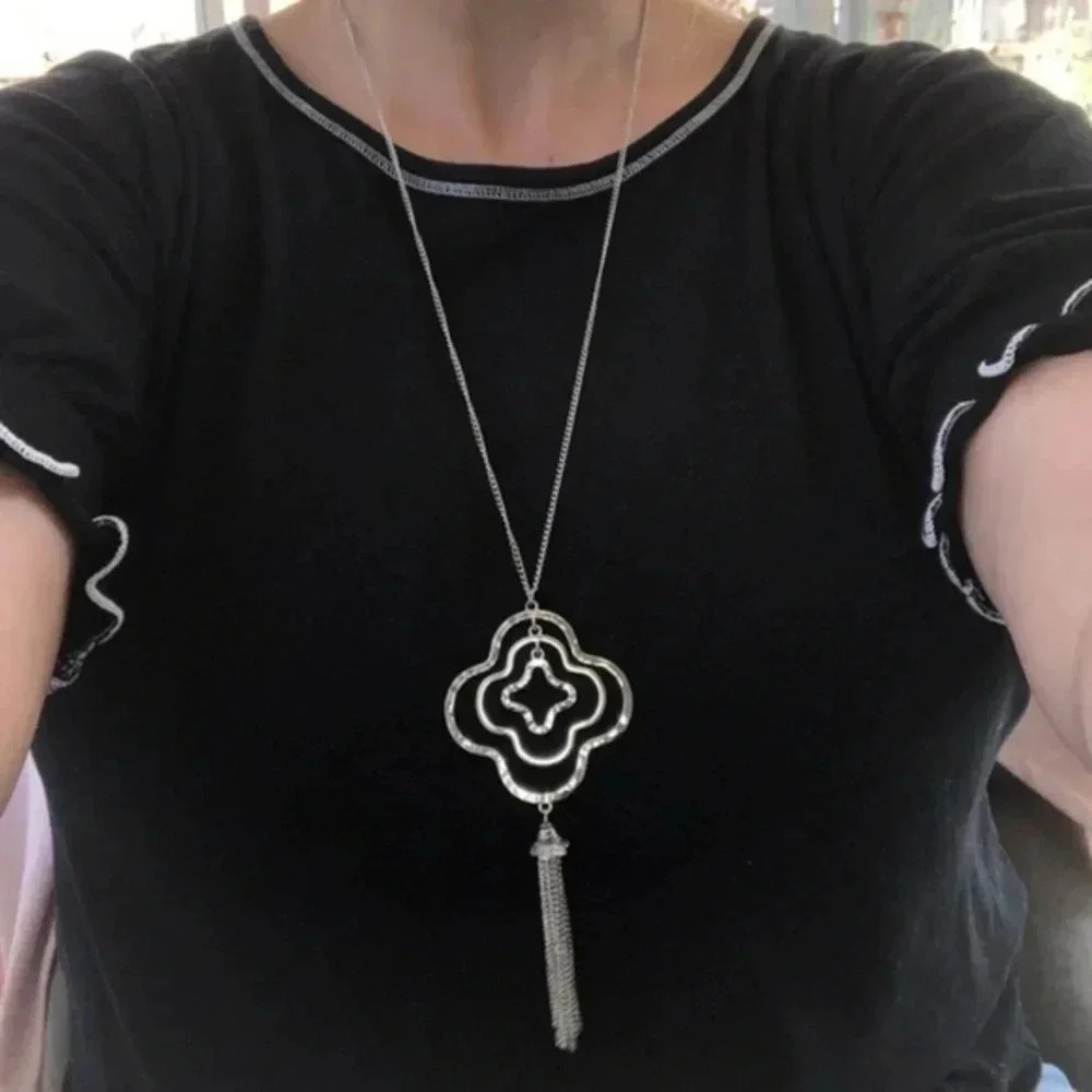 Large Wavy Design Tassel Silver Fashion Statement Long Necklace NWT